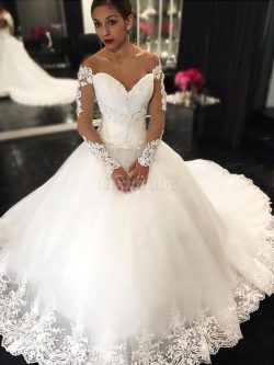 Robe de mariée naturel epaule nue manche nulle de mode de bal en tulle – GoodRobe