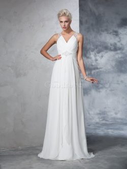 Robe de mariée ruché de traîne courte a-ligne de princesse v encolure – GoodRobe