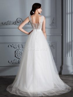 Robe de mariée textile en tulle avec sans manches de traîne courte ligne a de princesse –  ...