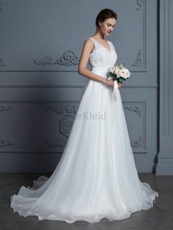 Seher A-Linie Prinzessin Chiffon V-Ausschnitt Ärmelloses Bodenlanges Brautkleid – MeKleid.de