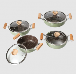 JX-PST32 7-piece aluminum nonstick cookware set with beechwood handles