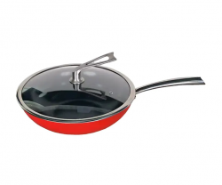 Red Enamel Non-Stick Cast Iron Frying Pan With Lid
