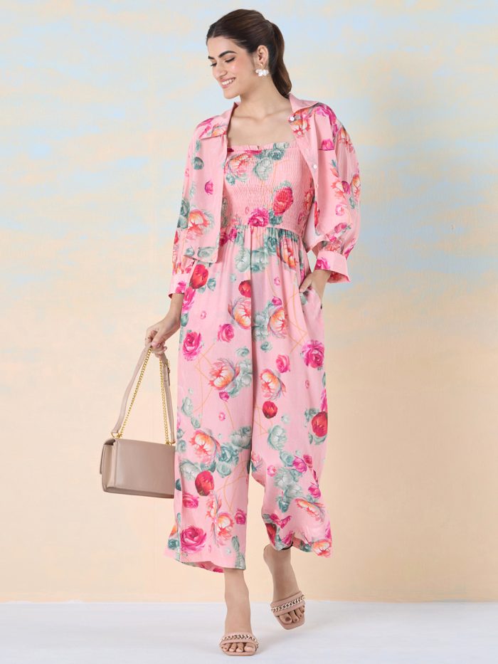 Pink Liva Crepe Shirted Blossom Jumpsuit – Chic & Comfortable