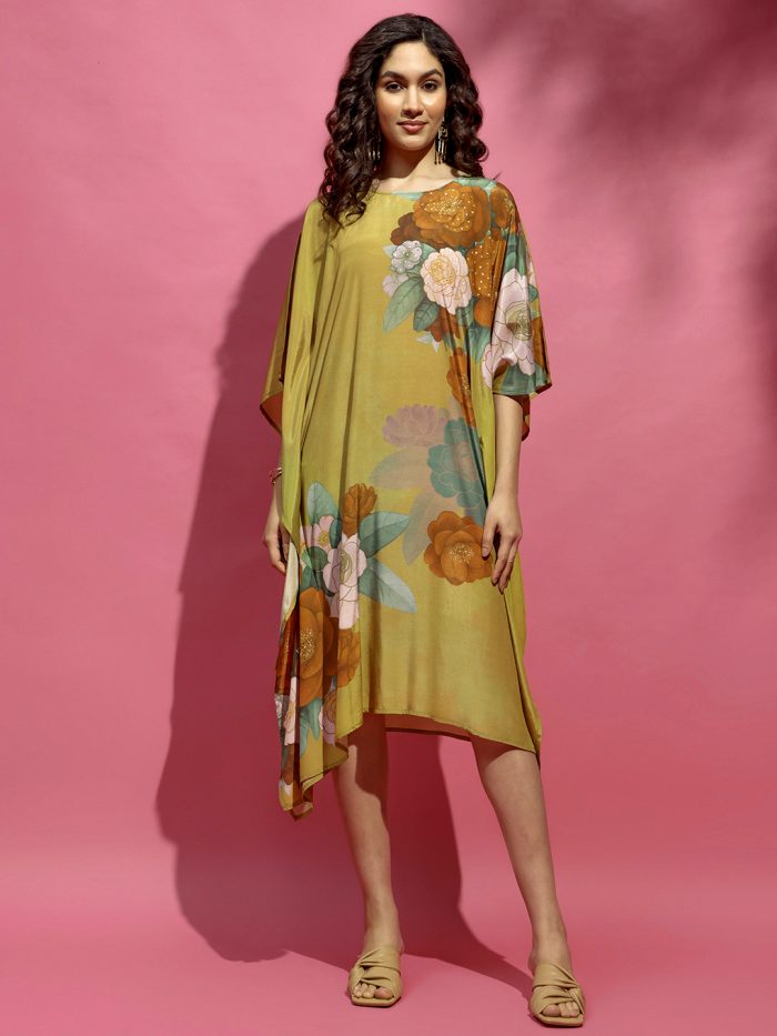 Mustard Liva Silk Crush Petal Party Dress – Sophisticated Style