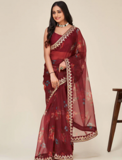 Mesmerizing Maroon Floral Print Work Organza Party Wear Saree