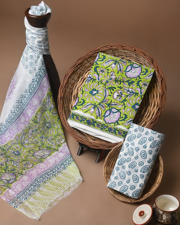 Shop White Sanganeri Cotton Suit with Chiffon Dupatta Online