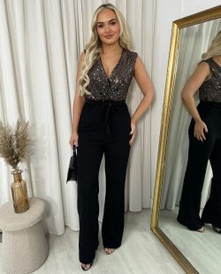 Elegant Silver Jumpsuit and C-ord Set with Sequin V-Neck Glam