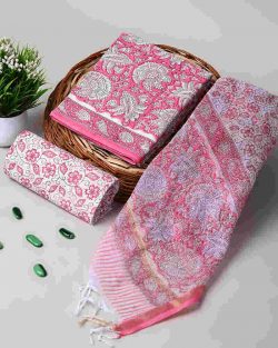 Shop Premium Sanganeri Print Cotton Suit with Kota Doria Dupatta Online