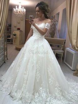 A linie Ärmelloses Prinzessin Traum Tüll Brautkleid mit Sweep Zug mit Applikation – MeKleid.de
