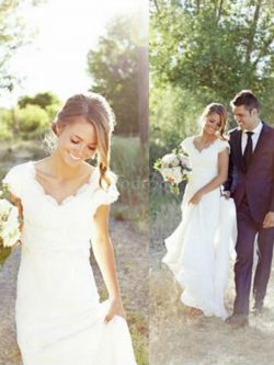 Robe de mariée avec décoration dentelle excellent avec sans manches v encolure naturel – G ...