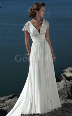 Robe de mariée avec manche courte multi couche fermeutre eclair avec ruban a plage – GoodRobe