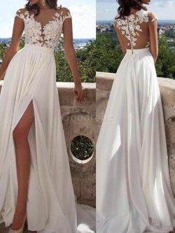 Robe de mariée de princesse en chiffon avec manche courte col u profond jusqu’au sol ̵ ...
