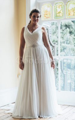 Robe de mariée facile avec perle de traîne moyenne v encolure avec sans manches – GoodRobe