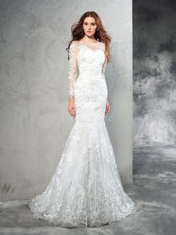 Robe de mariée longue naturel de traîne courte maillot avec manche longue – GoodRobe