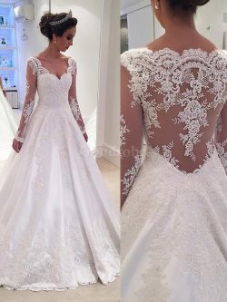 Robe de mariée naturel avec décoration dentelle avec manche longue en satin de col en v –  ...