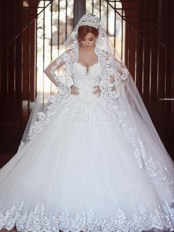 Robe de mariée naturel d’epaule ecrite de mode de bal en tulle avec manche longue –  ...