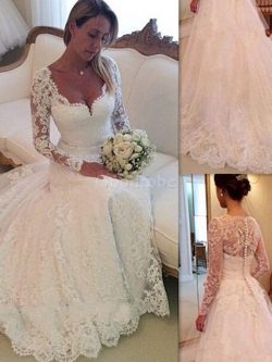 Robe de mariée naturel v encolure textile en tulle avec manche longue de mode de bal – Goo ...