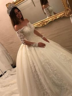 Robe de mariée textile en tulle appliques de traîne longue avec manche longue junoesque –  ...