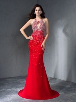 Normale Taille Ärmelloses Meerjungfrau Stil Abendkleid mit Perlen mit Nackenband – MeKleid.de