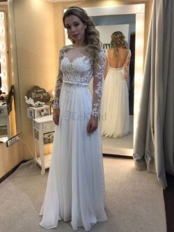 Chiffon Langärmeliges A-Linie Bateau Ausschnitt Natürliche Taile Brautkleid – MeKleid.de