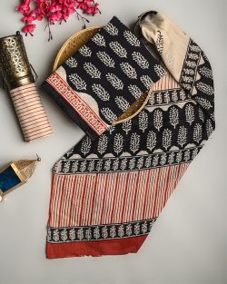 Shop Black and Red Cotton Suit Sets with Cotton Dupatta Online