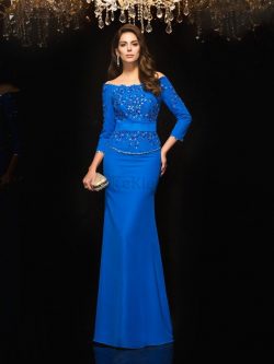 Enges Chiffon 3 /4 Länge Ärmeln Sittsames Abendkleid mit Perlen – MeKleid.de