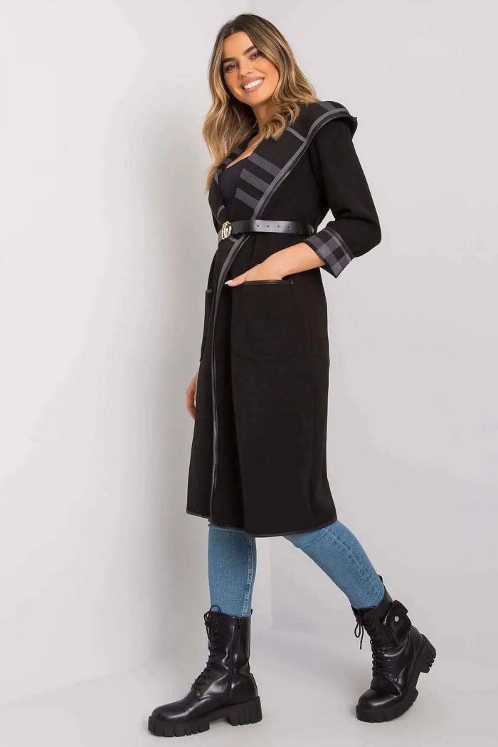Women’s Classic Black Trench Coat – Belted, Hooded & Stylish