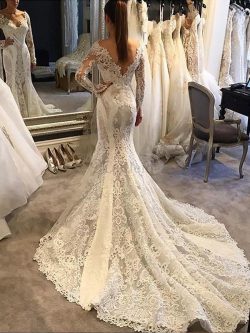 Langärmeliges V-Ausschnitt Meerjungfrau Stil Normale Taille Brautkleid mit Bordüre – MeKle ...