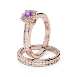Gold & Platinum Round-Cut Amethyst and Diamond Bridal Set Ring