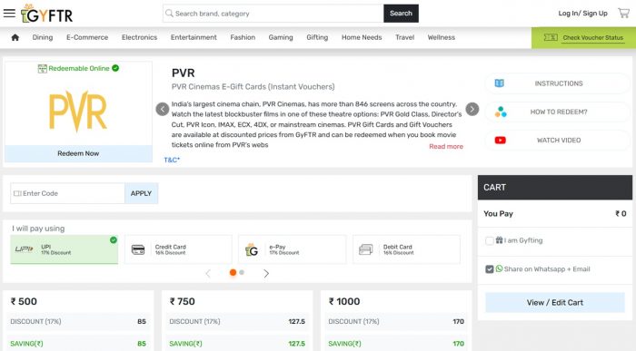 Buy PVR Gift Card & PVR E Gift Card Online