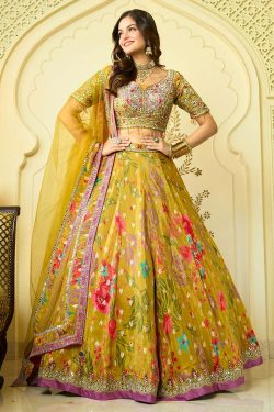 Lemon Gold Yellow Zari Silk Printed Embroidered Lehenga Set