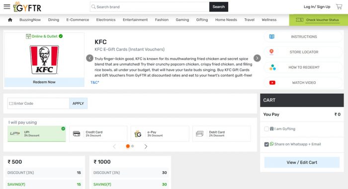 Buy KFC E Gift Card & KFC Gift Voucher Online