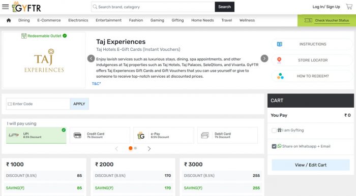 Buy Taj Experiences E Gift Card & Gift Voucher Online