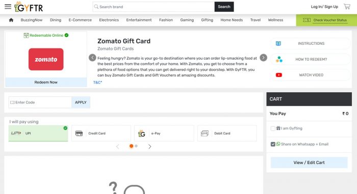 Buy Zomato Gift Card Online for Food & Dining