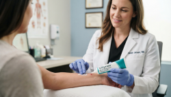 Nurse Applying Vitynex Wound Healing Cream in Clinic Setting